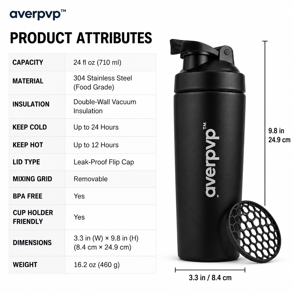 averpvp™ 24 fl oz Insulated Stainless Steel Shaker Bottle, Protein Mixing Cup with Removable Mixing Grid