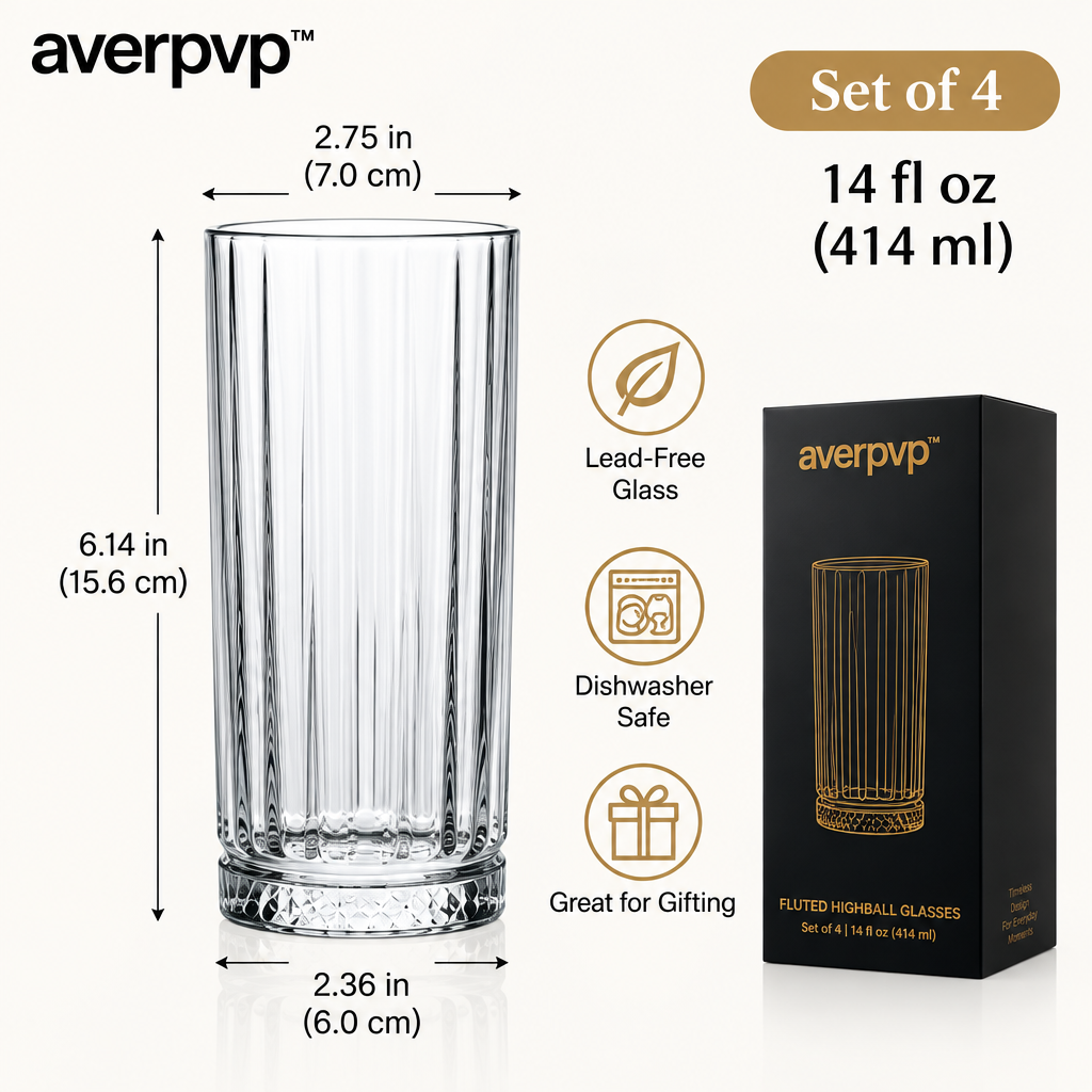 averpvp™ 14 fl oz Fluted Highball Glasses, Tall Cocktail Tumblers for Collins Drinks & Iced Beverages, Set of 4
