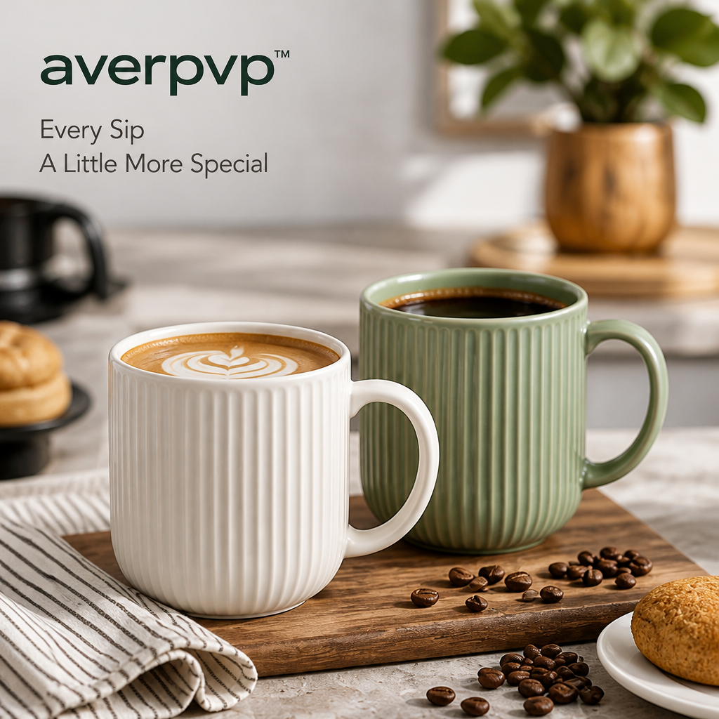averpvp™ 16 fl oz Ceramic Coffee Mugs, Ribbed Stoneware Tea Cups with Rounded Handles, Set of 2