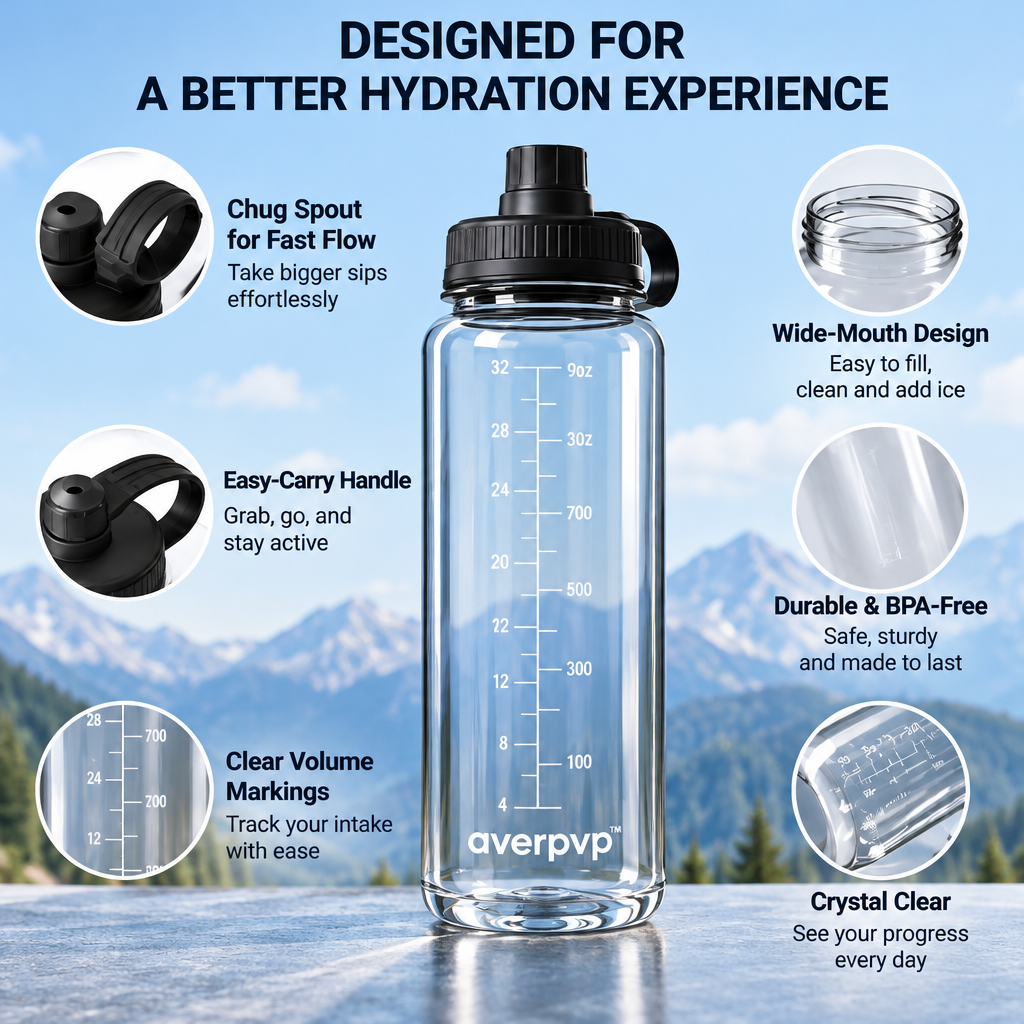 averpvp™ 32 fl oz Clear Water Bottle, Wide-Mouth Reusable Drinking Bottle with Chug Spout & Volume Markings
