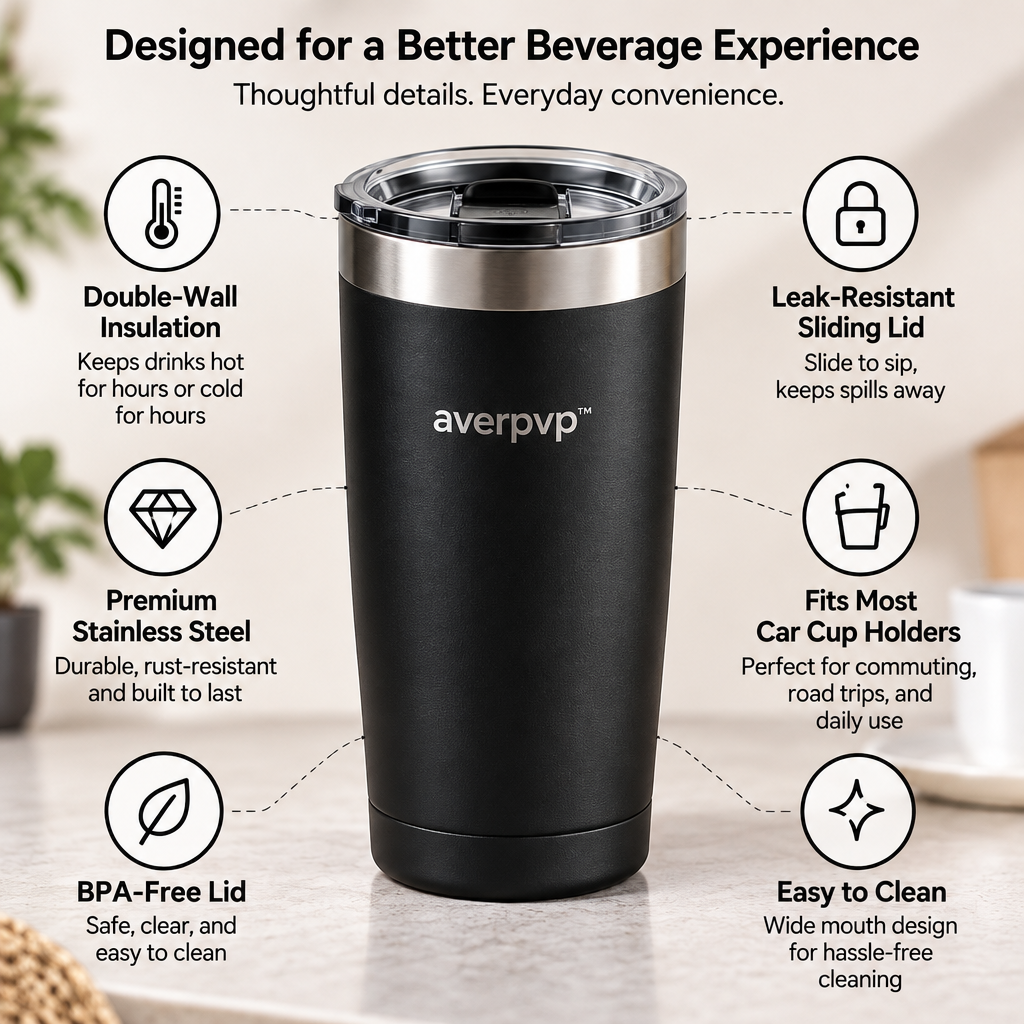averpvp™ 16 fl oz Insulated Coffee Travel Mug, Stainless Steel Commuter Cup with Sliding Lid