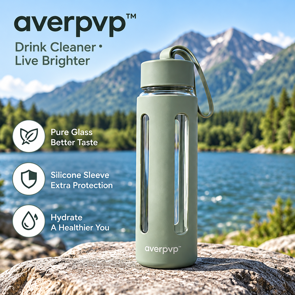 averpvp™ 20 fl oz Glass Water Bottle with Silicone Sleeve, Screw-Top Drinking Bottle & Carry Loop