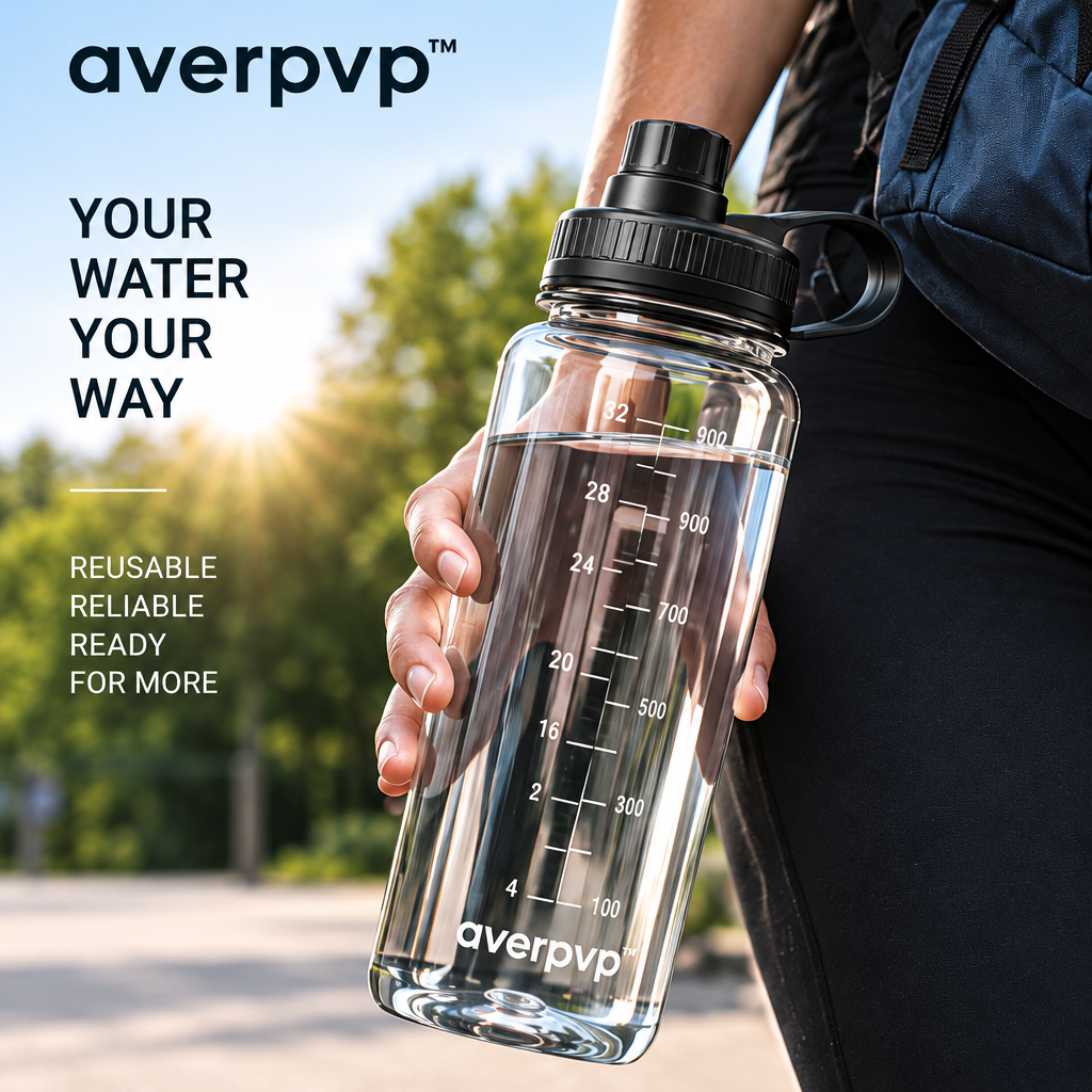 averpvp™ 32 fl oz Clear Water Bottle, Wide-Mouth Reusable Drinking Bottle with Chug Spout & Volume Markings