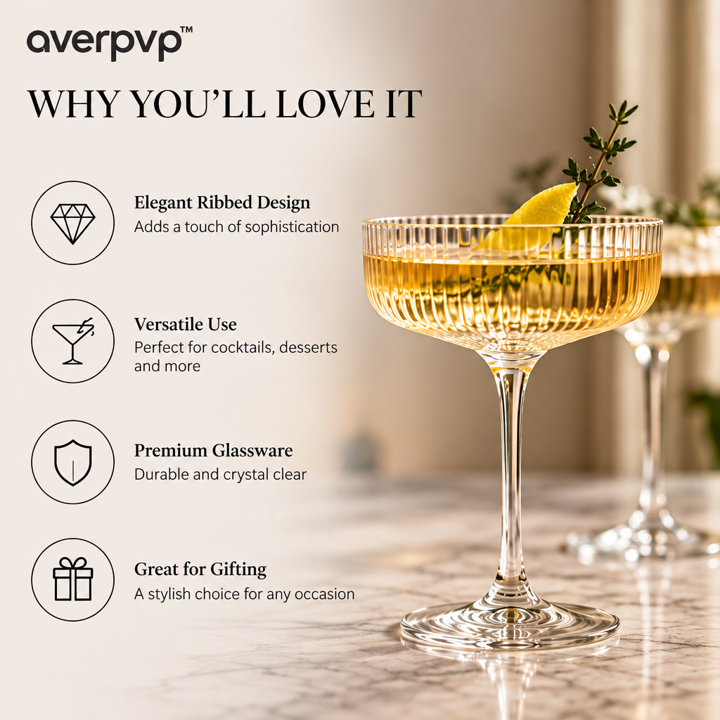 averpvp™ 8 fl oz Coupe Cocktail Glasses, Stemmed Martini & Dessert Glassware with Ribbed Bowls, Set of 2