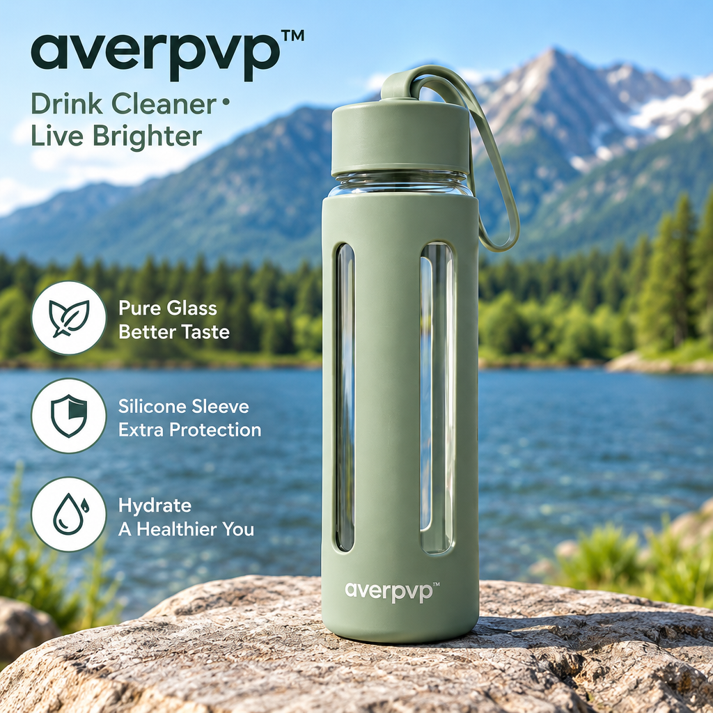 averpvp™ 20 fl oz Glass Water Bottle with Silicone Sleeve, Screw-Top Drinking Bottle & Carry Loop