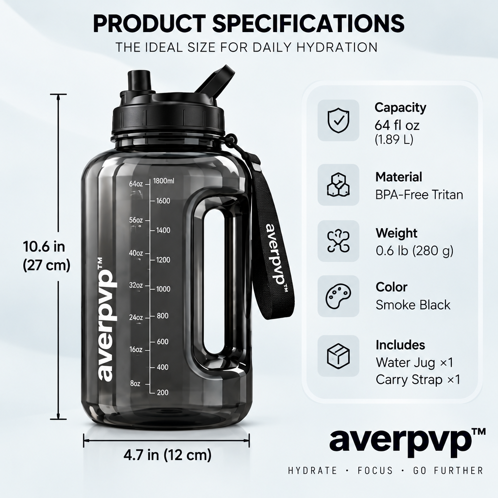 averpvp™ 64 fl oz Gym Water Jug, Half-Gallon Drinking Bottle with Side