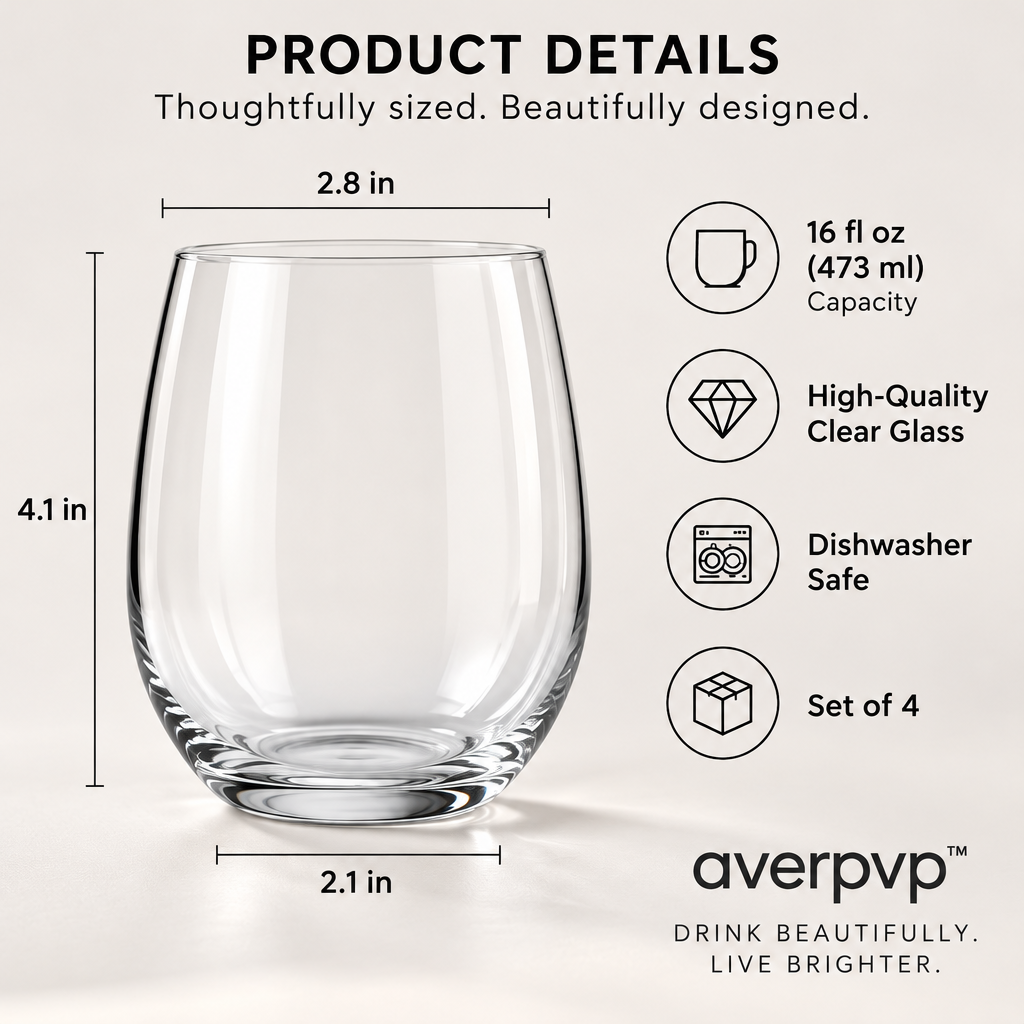 averpvp™ 16 fl oz Stemless Wine Glasses, Clear Rounded Tumblers for Wine, Spritzers & Sparkling Water, Set of 4