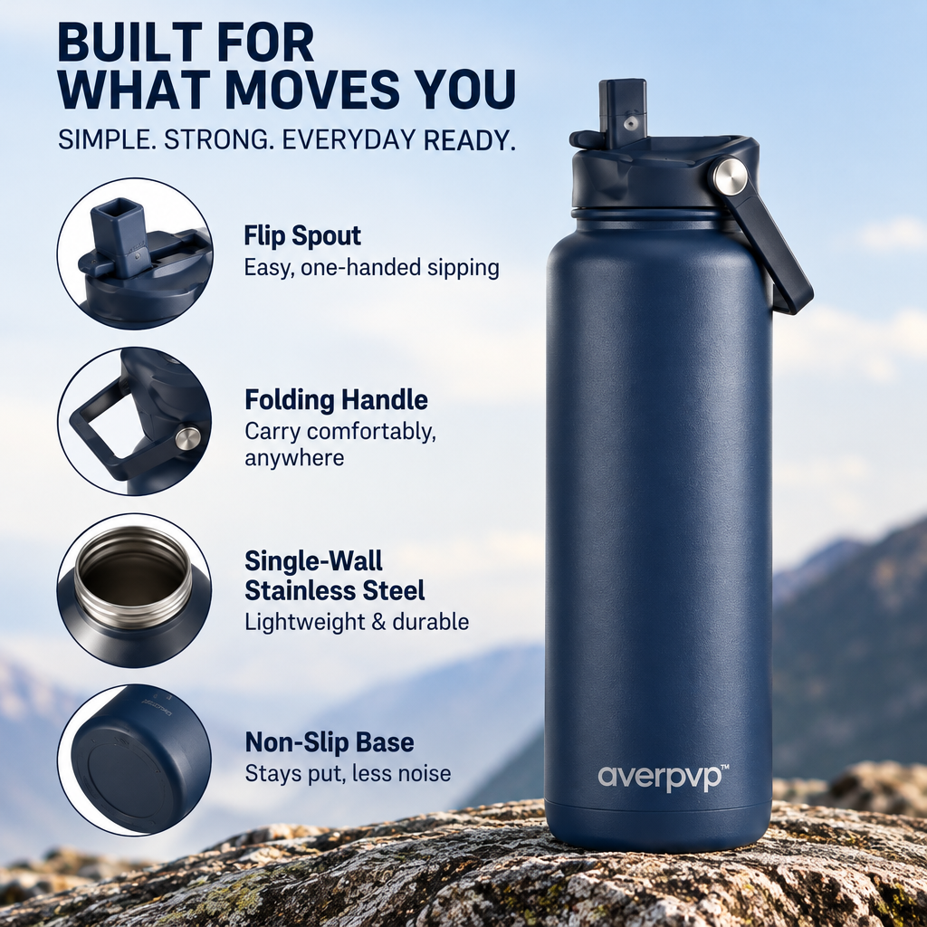 averpvp™ 32 fl oz Straw Water Bottle, Single-Wall Stainless Steel Drinking Bottle with Flip Spout & Folding Handle