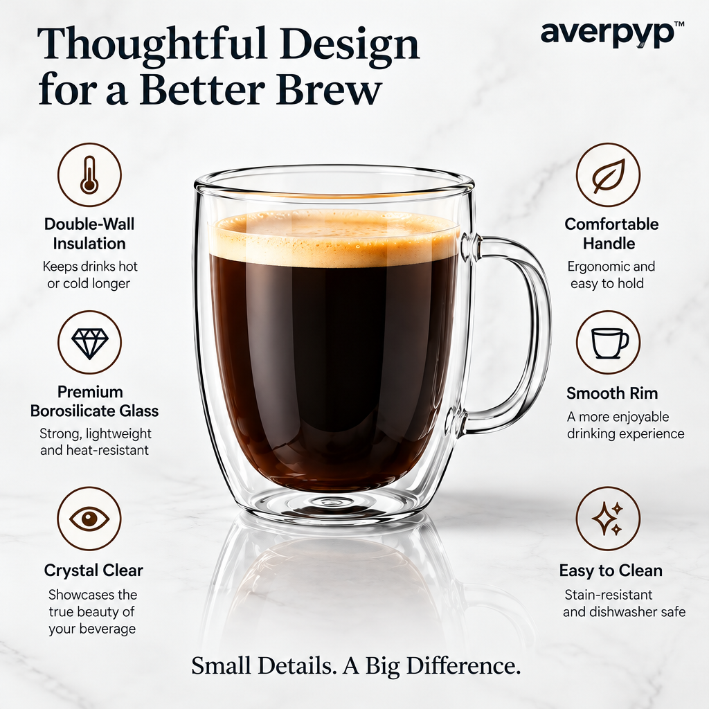 averpvp™ 12 fl oz Double-Wall Glass Coffee Mugs, Clear Borosilicate Latte & Tea Cups, Set of 2