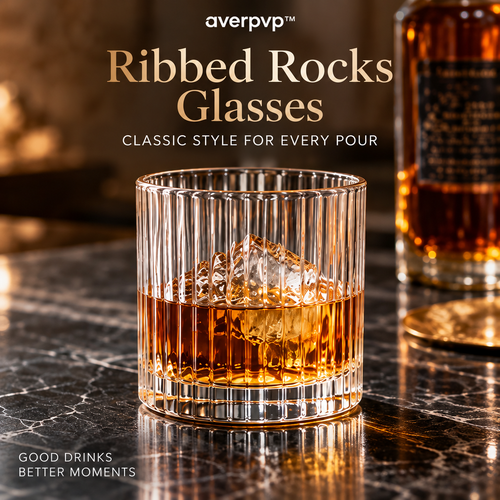averpvp™ 10 fl oz Ribbed Rocks Glasses, Old Fashioned Whiskey Tumblers & Lowball Drinking Glasses, Set of 4