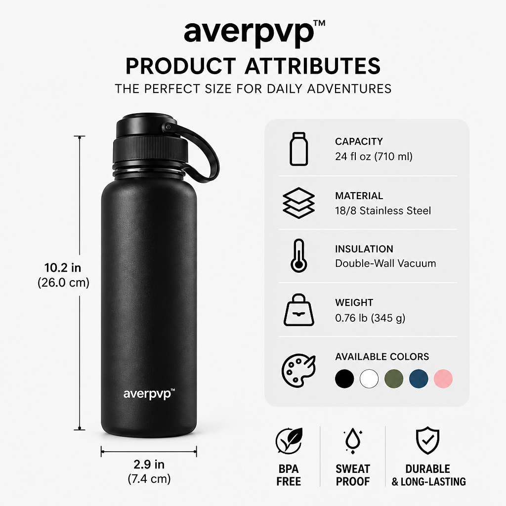 averpvp™ 24 fl oz Insulated Stainless Steel Water Bottle, Wide-Mouth Drinking Flask with Screw Cap & Carry Loop