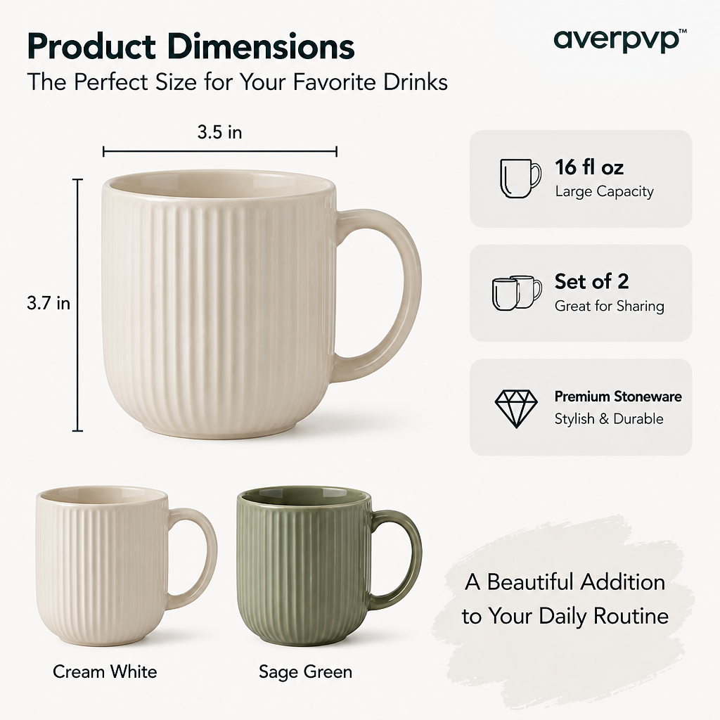 averpvp™ 16 fl oz Ceramic Coffee Mugs, Ribbed Stoneware Tea Cups with Rounded Handles, Set of 2