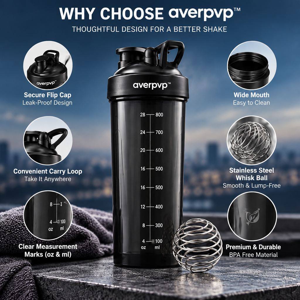 averpvp™ 28 fl oz Protein Shaker Bottle, Workout Mixing Cup with Stainless Steel Whisk Ball & Carry Loop