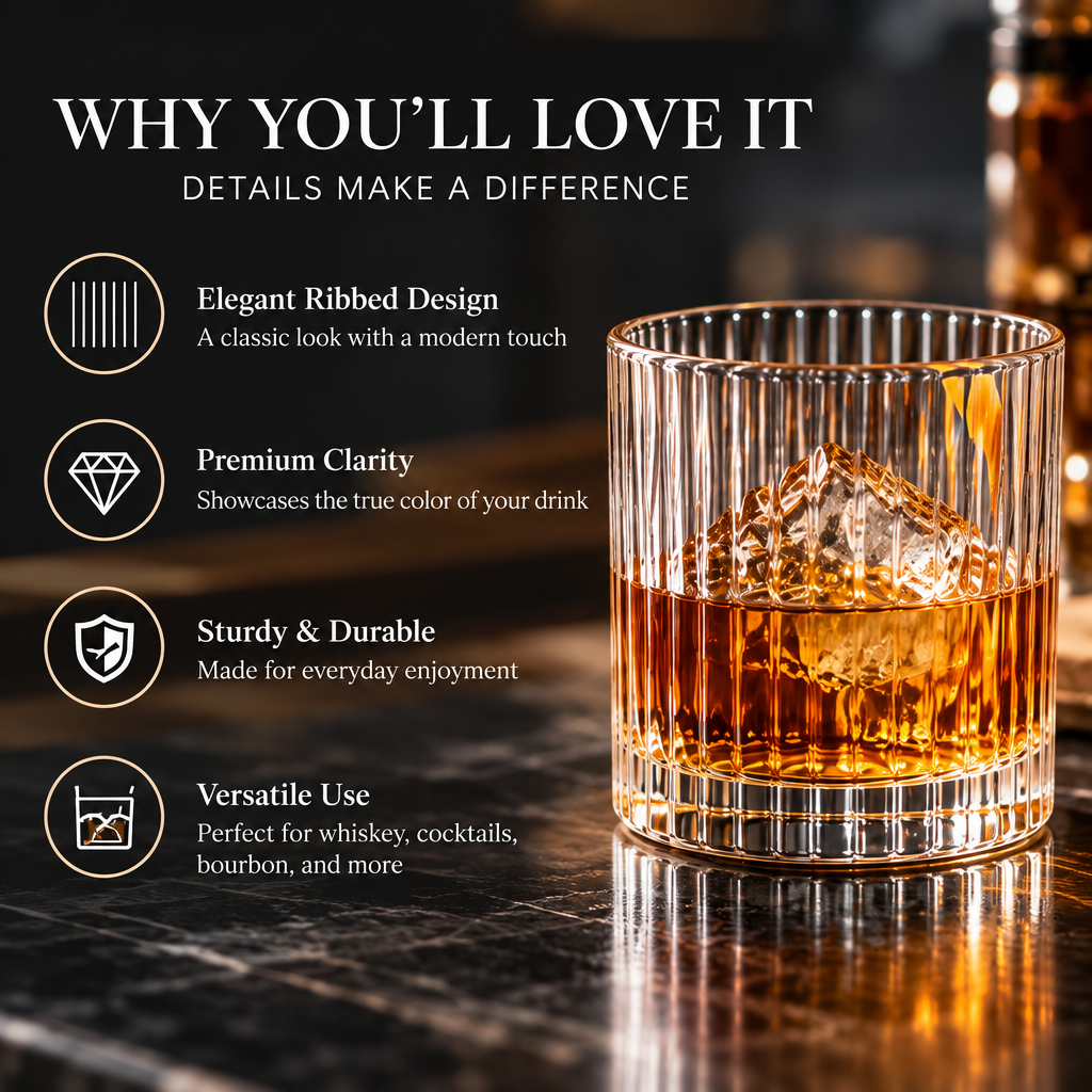 averpvp™ 10 fl oz Ribbed Rocks Glasses, Old Fashioned Whiskey Tumblers & Lowball Drinking Glasses, Set of 4