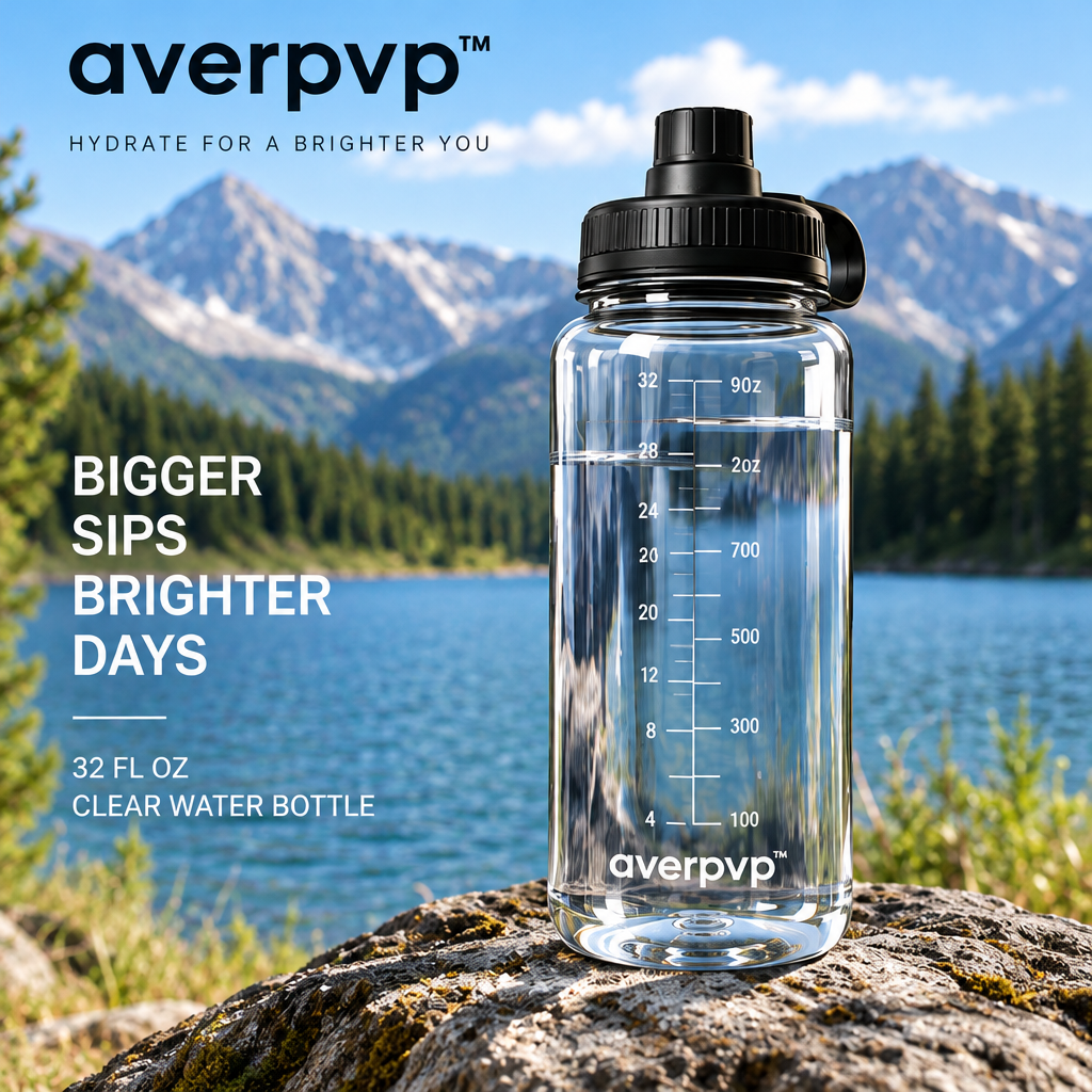averpvp™ 32 fl oz Clear Water Bottle, Wide-Mouth Reusable Drinking Bottle with Chug Spout & Volume Markings