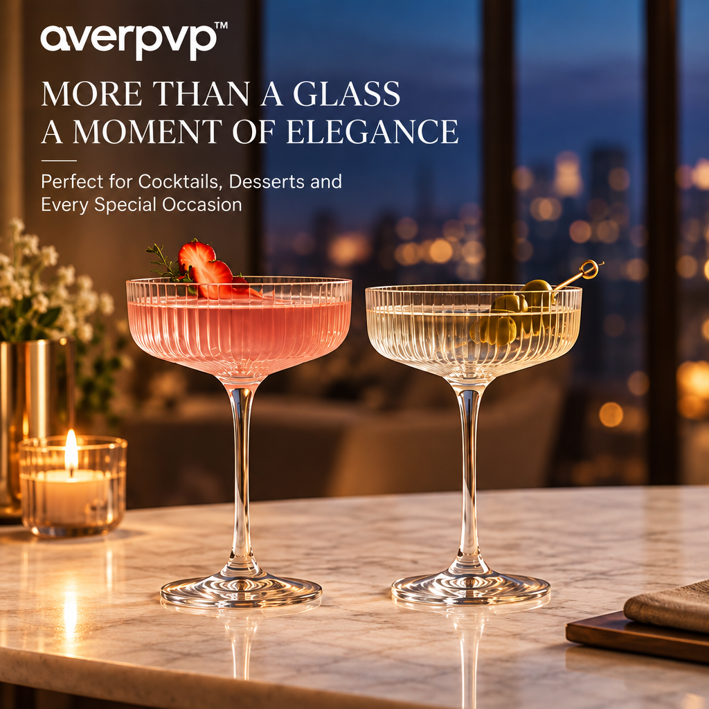 averpvp™ 8 fl oz Coupe Cocktail Glasses, Stemmed Martini & Dessert Glassware with Ribbed Bowls, Set of 2