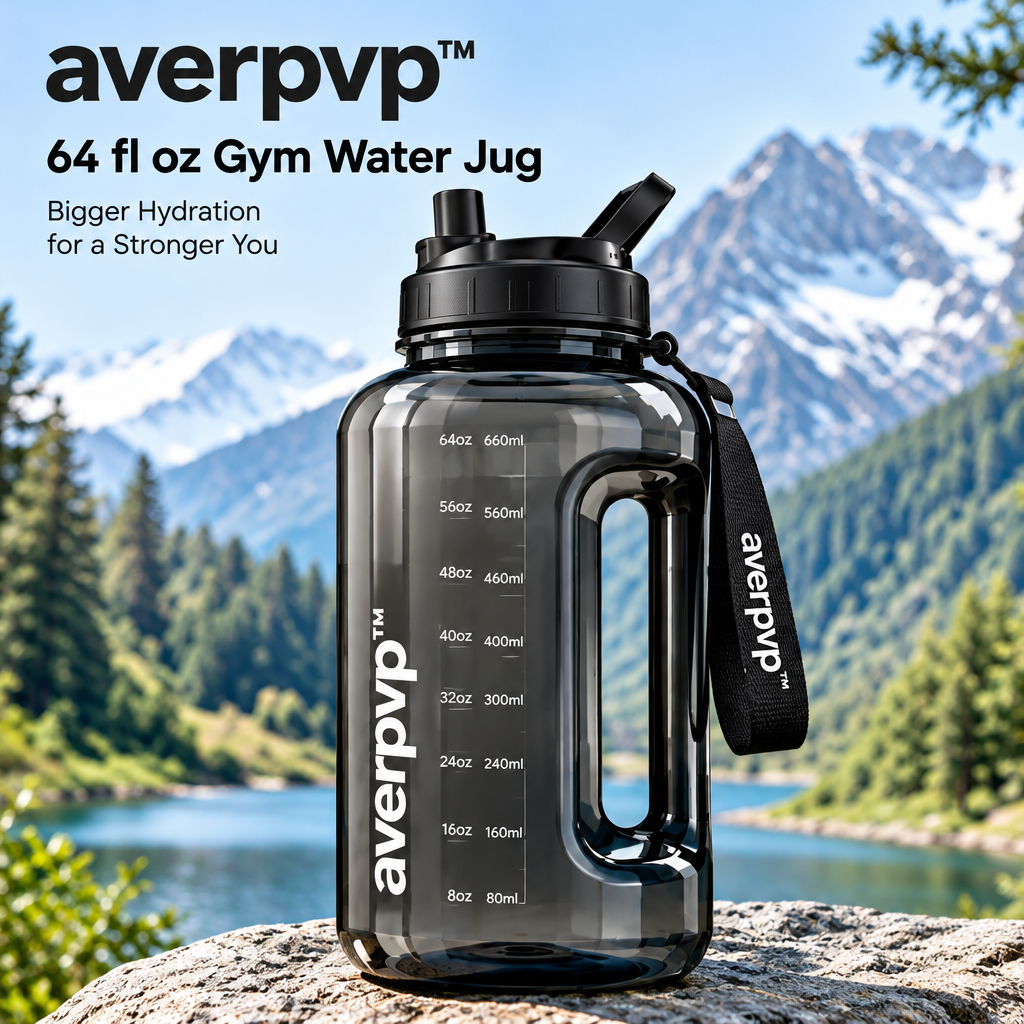 averpvp™ 64 fl oz Gym Water Jug, Half-Gallon Drinking Bottle with Side Handle, Straw Lid & Carry Strap