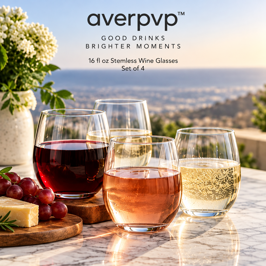 averpvp™ 16 fl oz Stemless Wine Glasses, Clear Rounded Tumblers for Wine, Spritzers & Sparkling Water, Set of 4