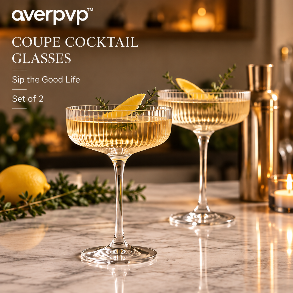 averpvp™ 8 fl oz Coupe Cocktail Glasses, Stemmed Martini & Dessert Glassware with Ribbed Bowls, Set of 2