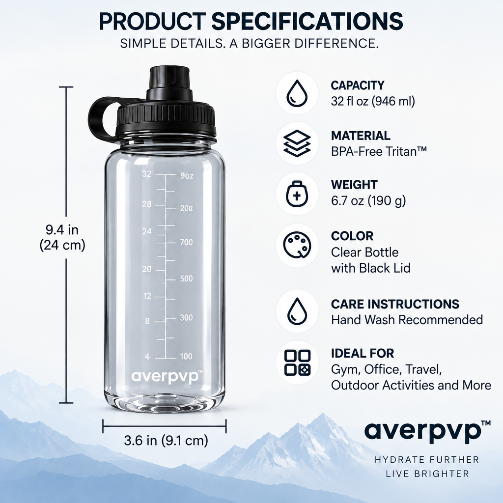 averpvp™ 32 fl oz Clear Water Bottle, Wide-Mouth Reusable Drinking Bottle with Chug Spout & Volume Markings
