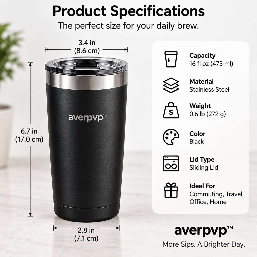 averpvp™ 16 fl oz Insulated Coffee Travel Mug, Stainless Steel Commuter Cup with Sliding Lid
