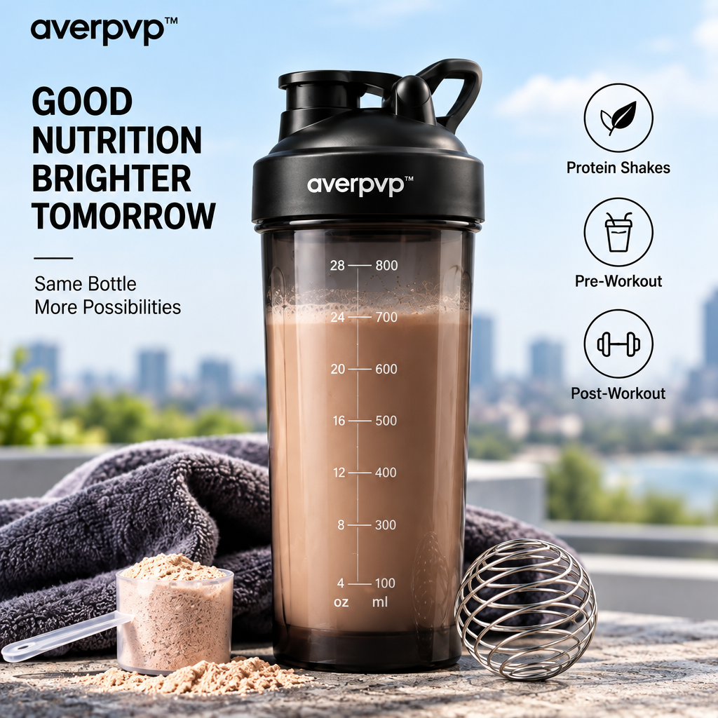averpvp™ 28 fl oz Protein Shaker Bottle, Workout Mixing Cup with Stainless Steel Whisk Ball & Carry Loop