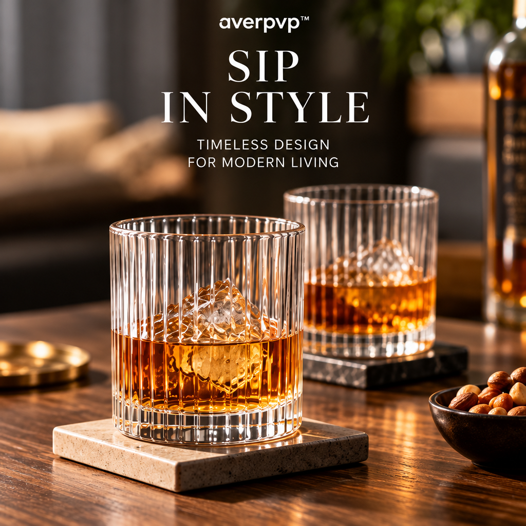 averpvp™ 10 fl oz Ribbed Rocks Glasses, Old Fashioned Whiskey Tumblers & Lowball Drinking Glasses, Set of 4