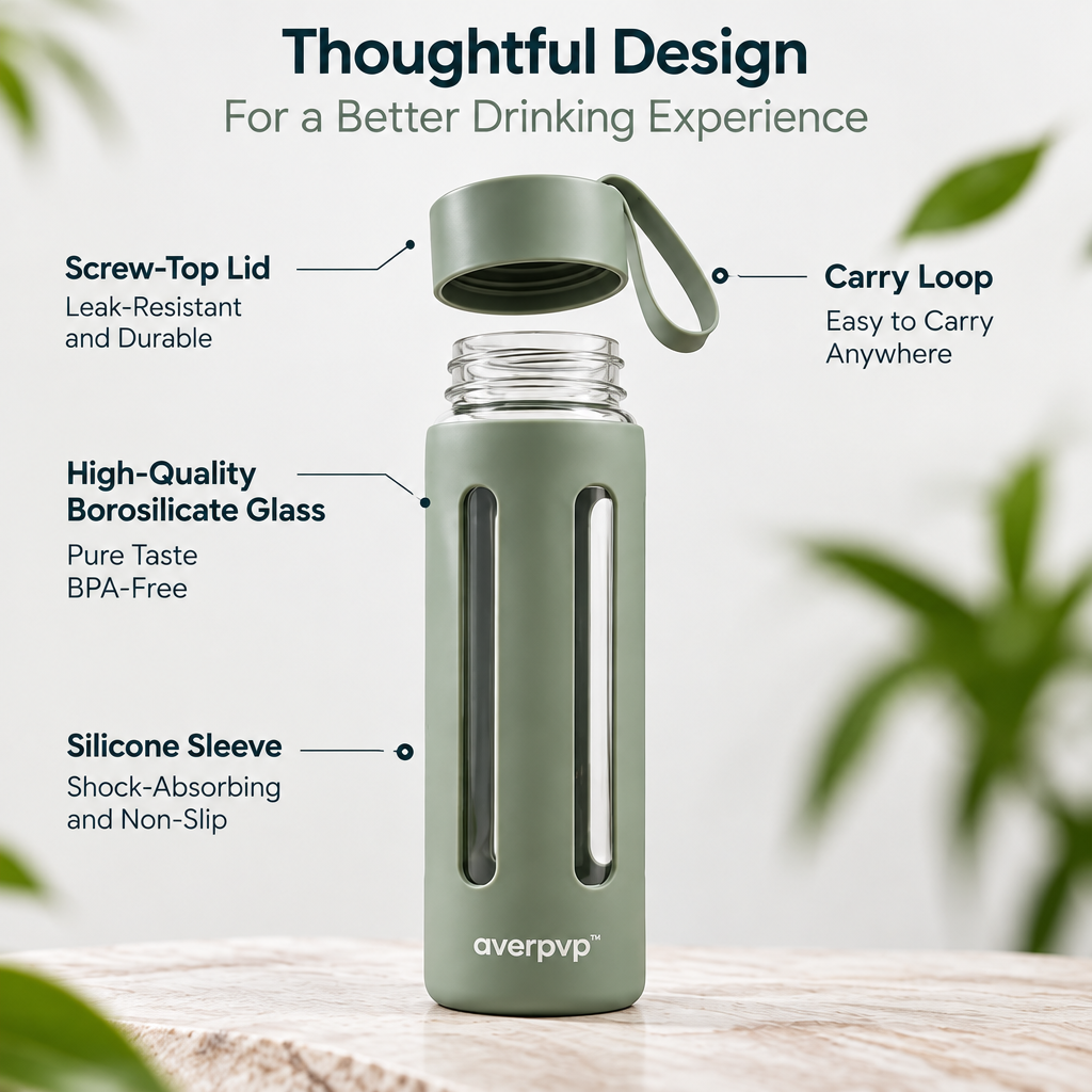 averpvp™ 20 fl oz Glass Water Bottle with Silicone Sleeve, Screw-Top Drinking Bottle & Carry Loop