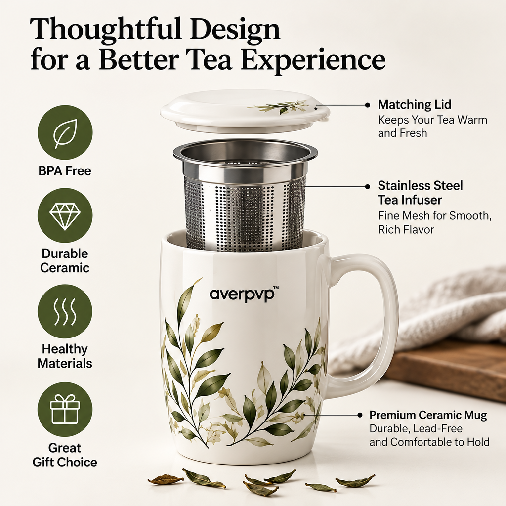 averpvp™ 16 fl oz Ceramic Tea Infuser Mug with Stainless Steel Loose-Leaf Basket & Matching Lid
