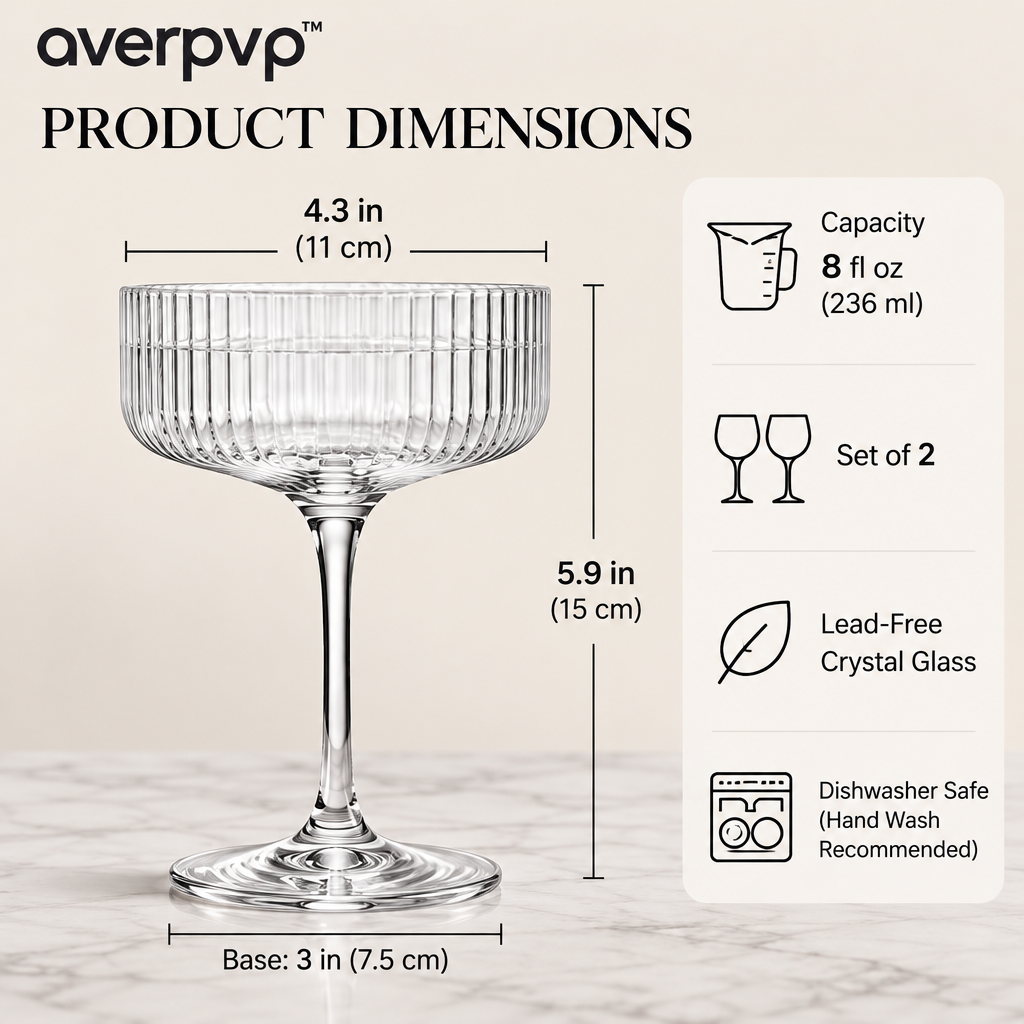 averpvp™ 8 fl oz Coupe Cocktail Glasses, Stemmed Martini & Dessert Glassware with Ribbed Bowls, Set of 2