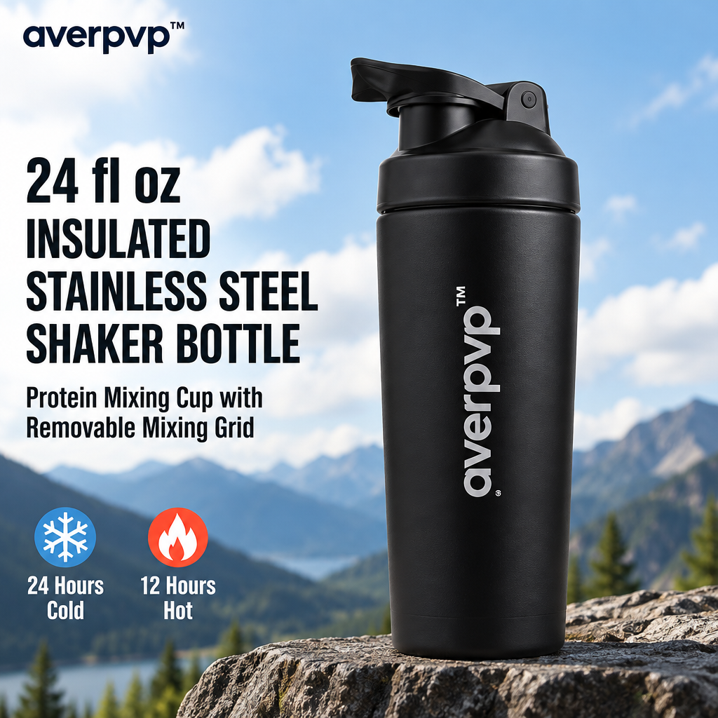 averpvp™ 24 fl oz Insulated Stainless Steel Shaker Bottle, Protein Mixing Cup with Removable Mixing Grid
