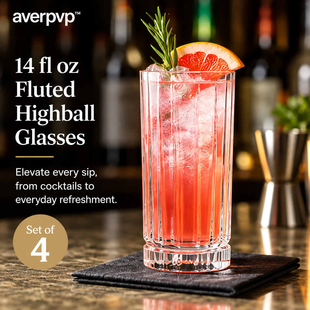 averpvp™ 14 fl oz Fluted Highball Glasses, Tall Cocktail Tumblers for Collins Drinks & Iced Beverages, Set of 4