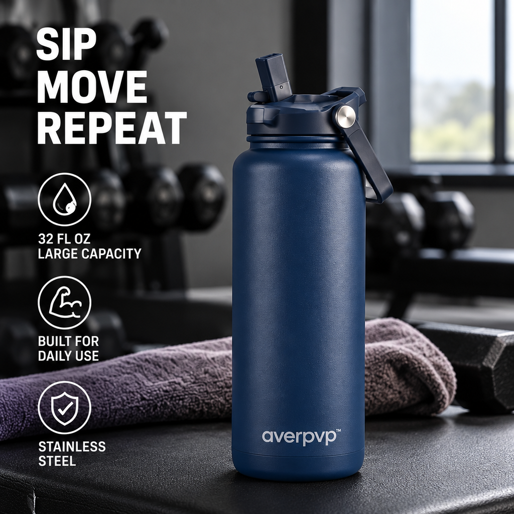 averpvp™ 32 fl oz Straw Water Bottle, Single-Wall Stainless Steel Drinking Bottle with Flip Spout & Folding Handle