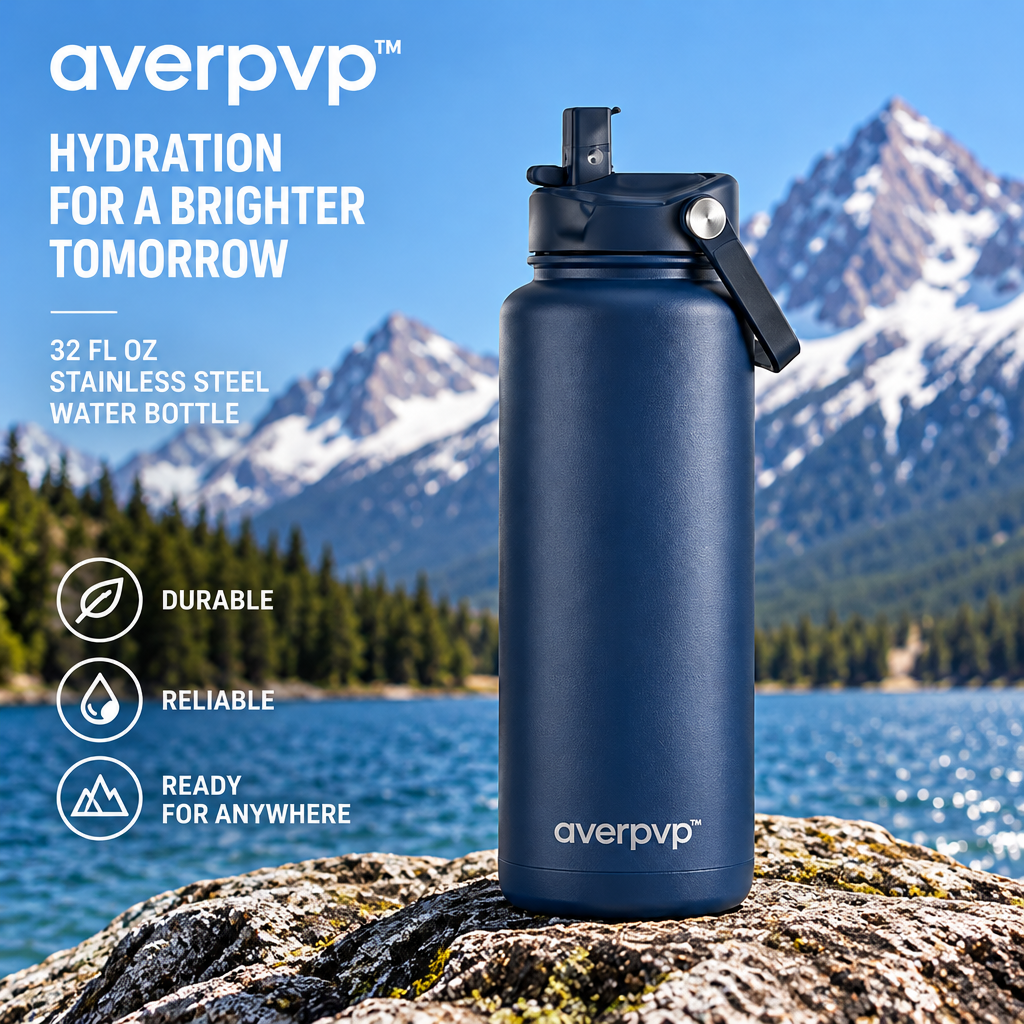 averpvp™ 32 fl oz Straw Water Bottle, Single-Wall Stainless Steel Drinking Bottle with Flip Spout & Folding Handle