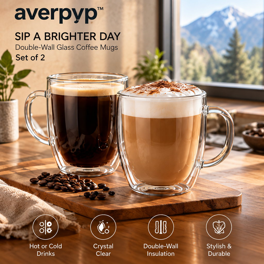 averpvp™ 12 fl oz Double-Wall Glass Coffee Mugs, Clear Borosilicate Latte & Tea Cups, Set of 2