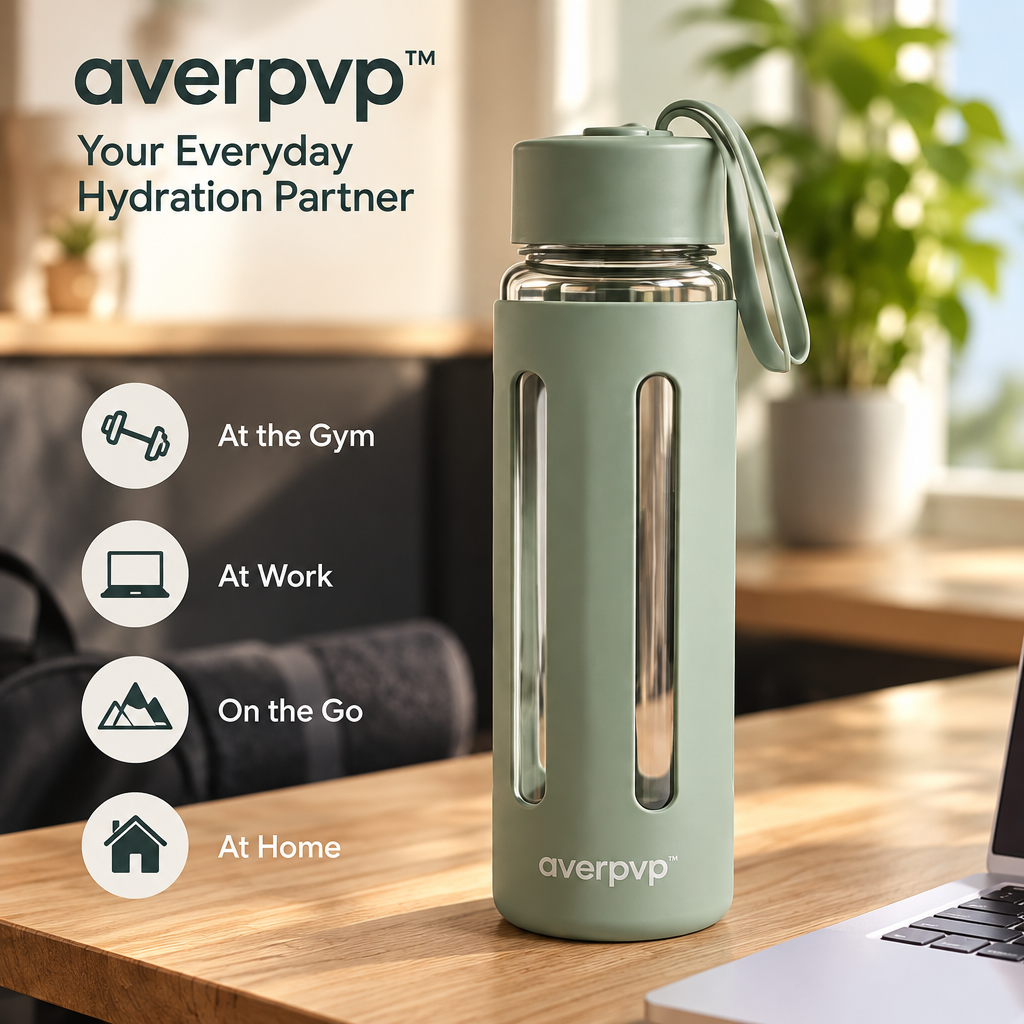 averpvp™ 20 fl oz Glass Water Bottle with Silicone Sleeve, Screw-Top Drinking Bottle & Carry Loop
