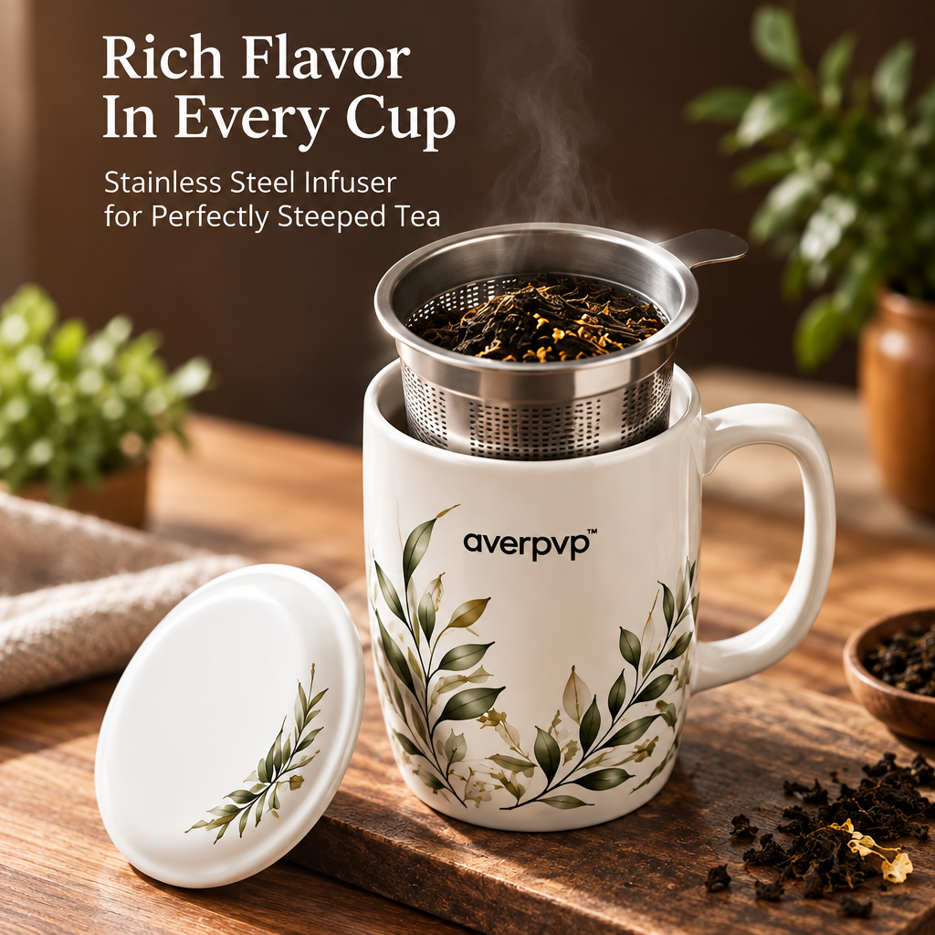averpvp™ 16 fl oz Ceramic Tea Infuser Mug with Stainless Steel Loose-Leaf Basket & Matching Lid