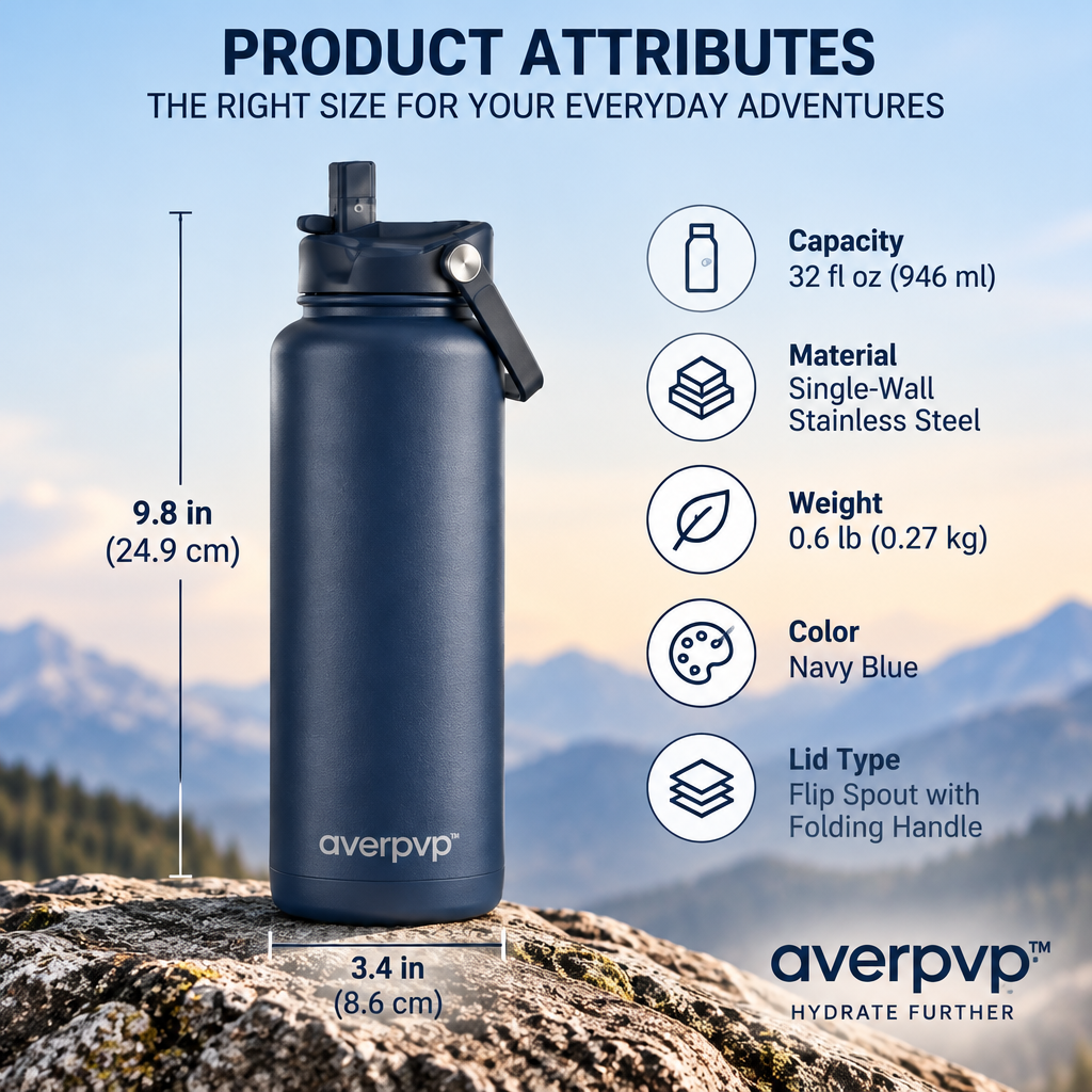 averpvp™ 32 fl oz Straw Water Bottle, Single-Wall Stainless Steel Drinking Bottle with Flip Spout & Folding Handle