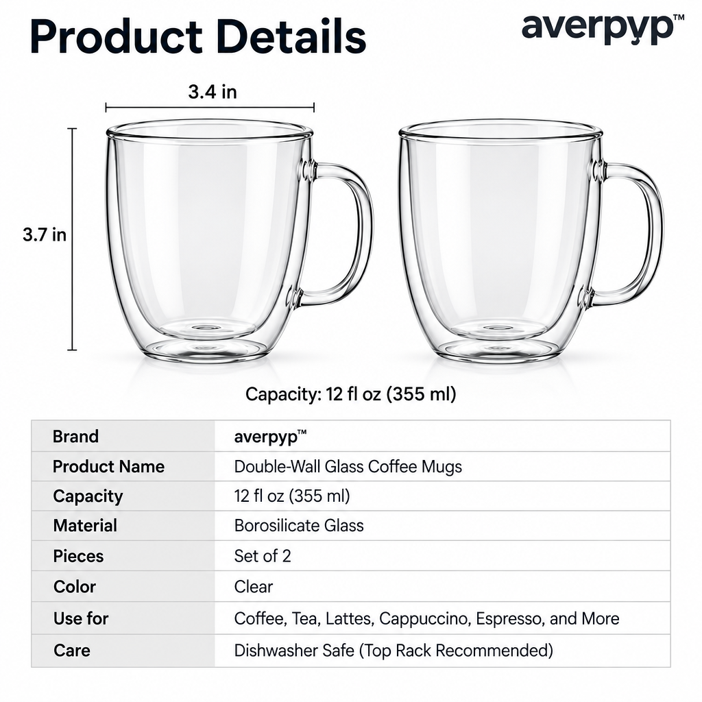 averpvp™ 12 fl oz Double-Wall Glass Coffee Mugs, Clear Borosilicate Latte & Tea Cups, Set of 2