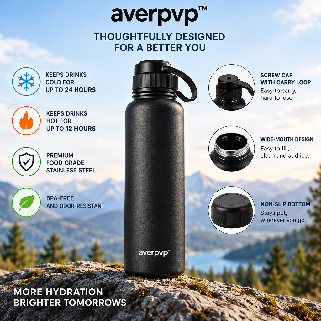 averpvp™ 24 fl oz Insulated Stainless Steel Water Bottle, Wide-Mouth Drinking Flask with Screw Cap & Carry Loop