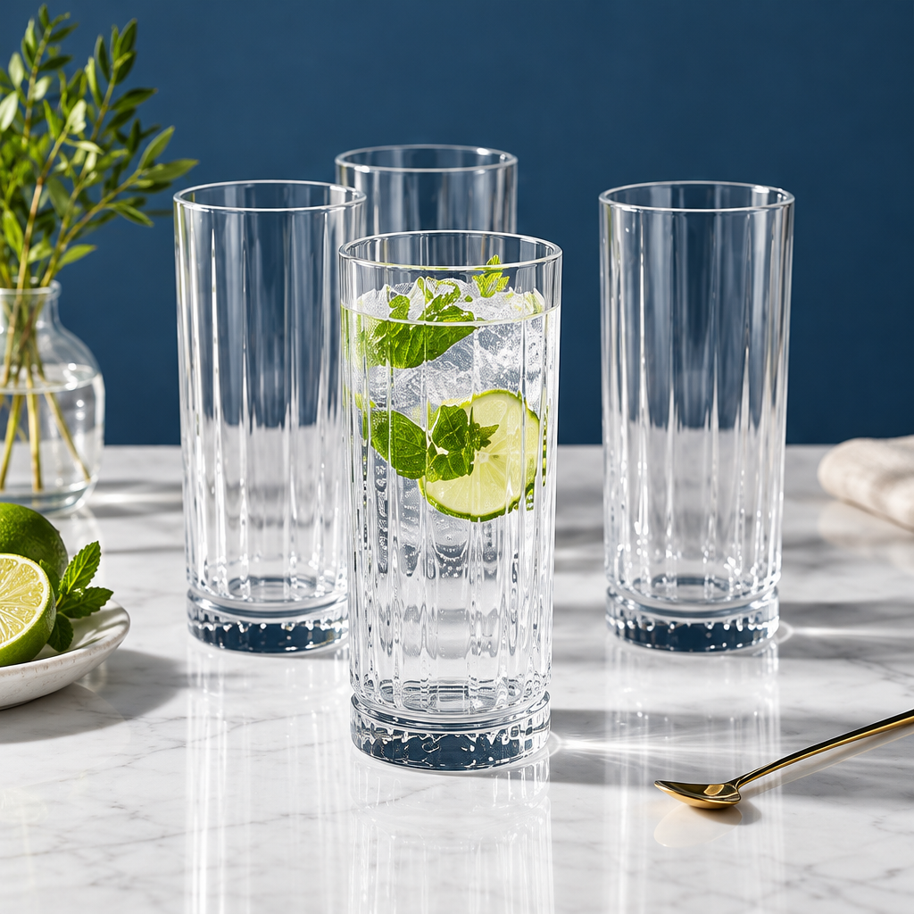 averpvp™ 14 fl oz Fluted Highball Glasses, Tall Cocktail Tumblers for Collins Drinks & Iced Beverages, Set of 4