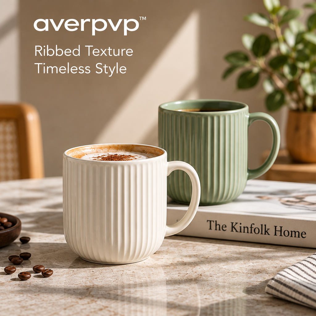 averpvp™ 16 fl oz Ceramic Coffee Mugs, Ribbed Stoneware Tea Cups with Rounded Handles, Set of 2
