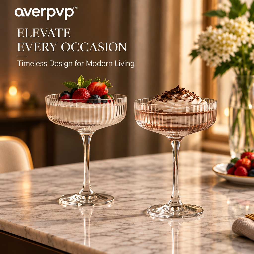averpvp™ 8 fl oz Coupe Cocktail Glasses, Stemmed Martini & Dessert Glassware with Ribbed Bowls, Set of 2