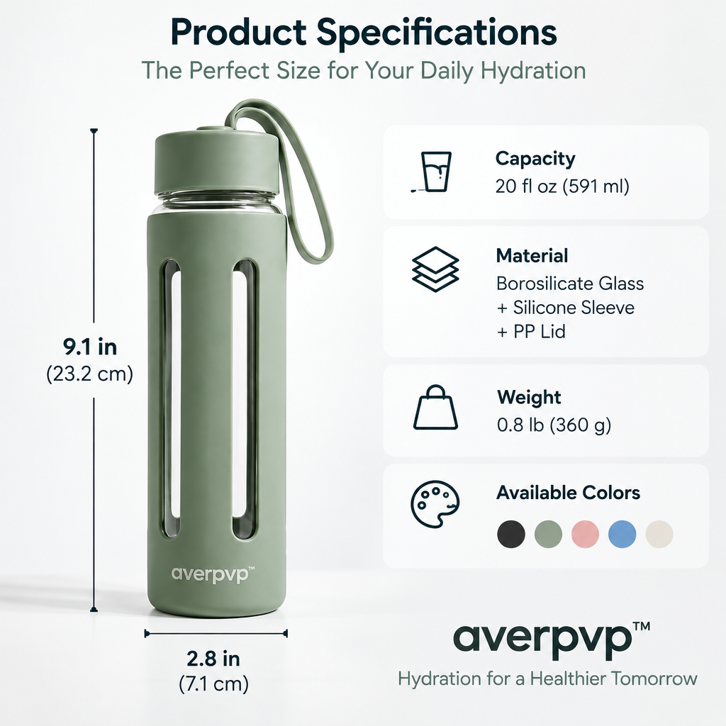 averpvp™ 20 fl oz Glass Water Bottle with Silicone Sleeve, Screw-Top Drinking Bottle & Carry Loop