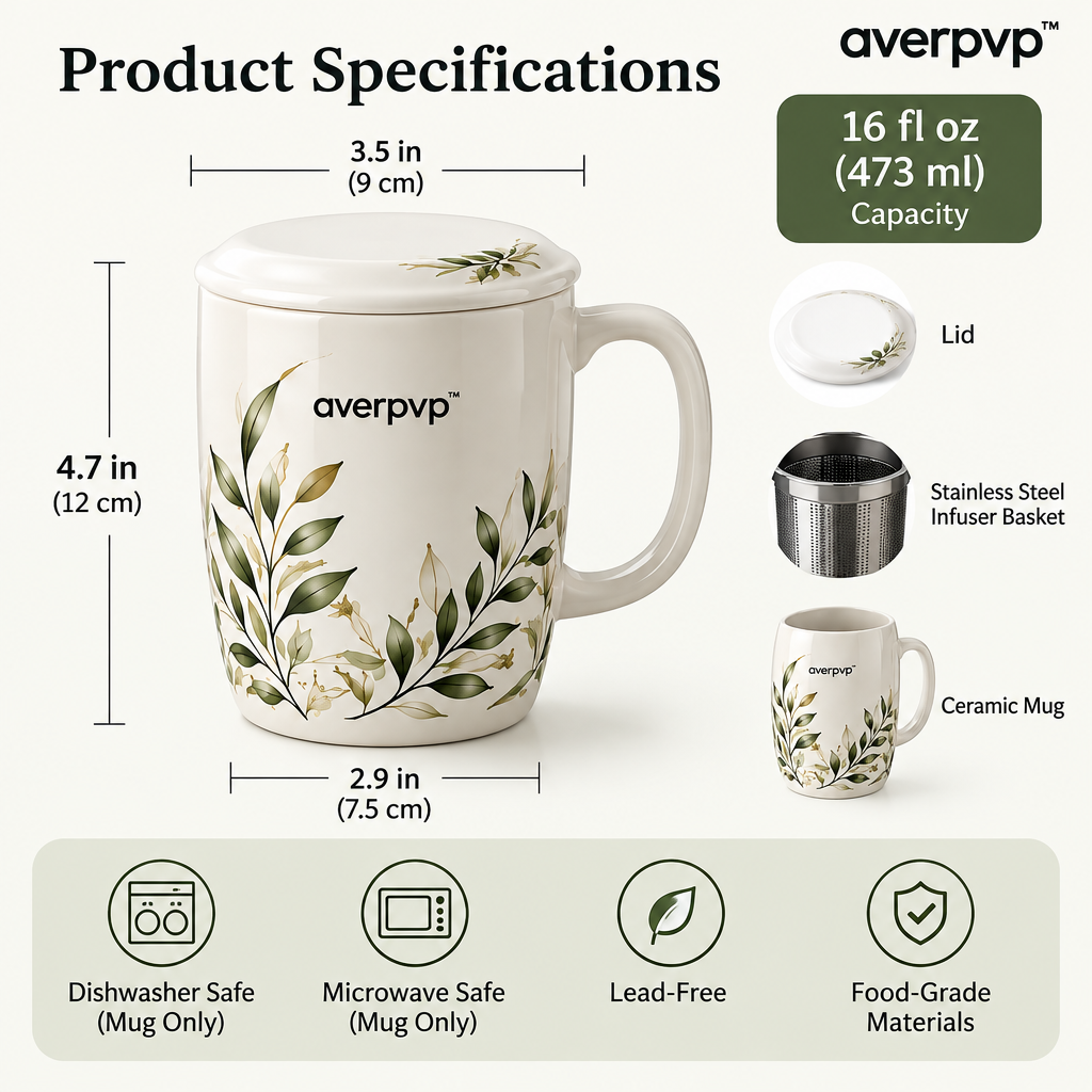 averpvp™ 16 fl oz Ceramic Tea Infuser Mug with Stainless Steel Loose-Leaf Basket & Matching Lid