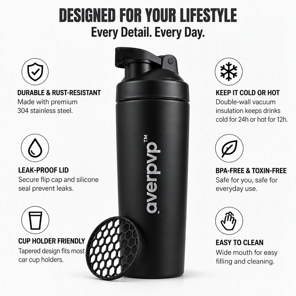 averpvp™ 24 fl oz Insulated Stainless Steel Shaker Bottle, Protein Mix