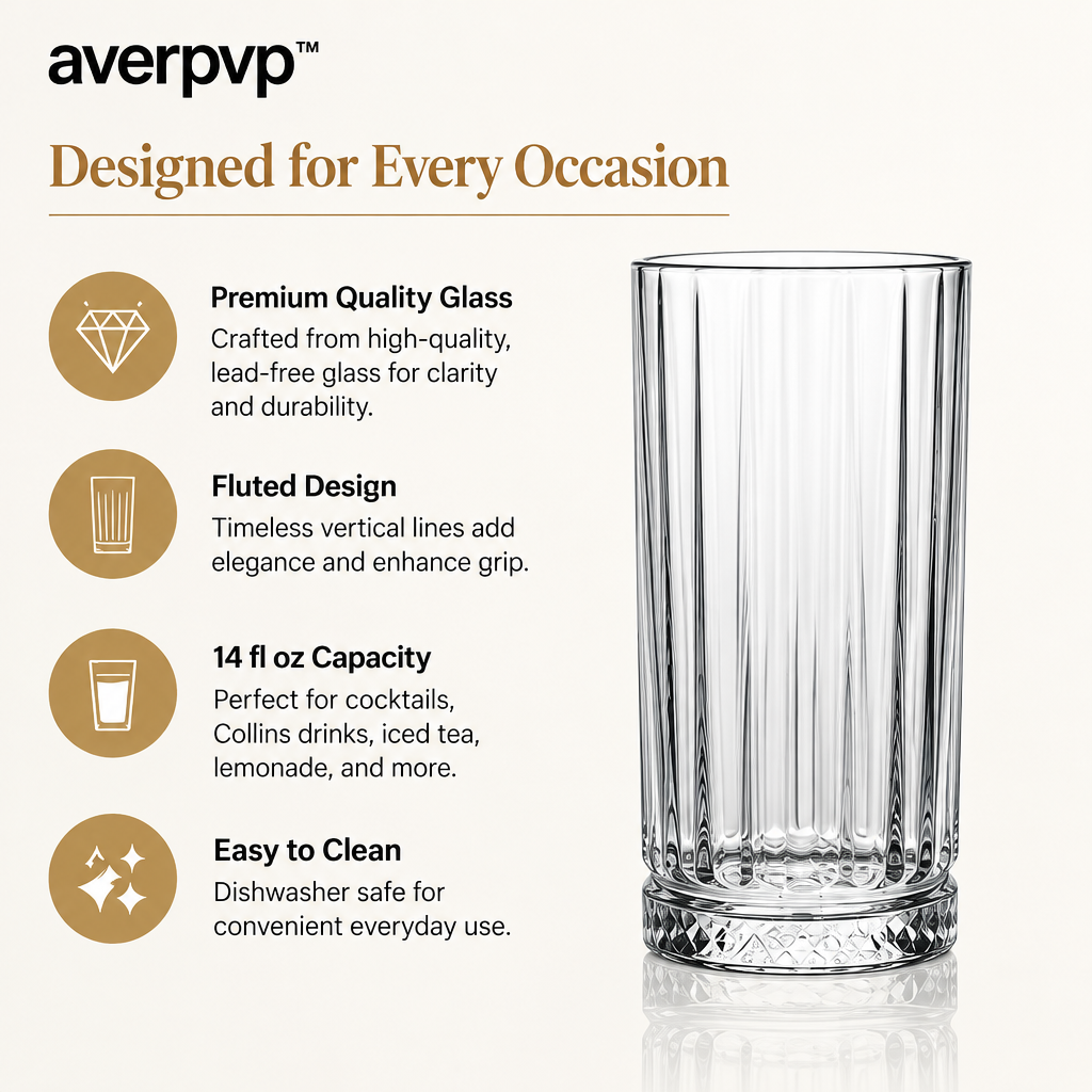 averpvp™ 14 fl oz Fluted Highball Glasses, Tall Cocktail Tumblers for Collins Drinks & Iced Beverages, Set of 4