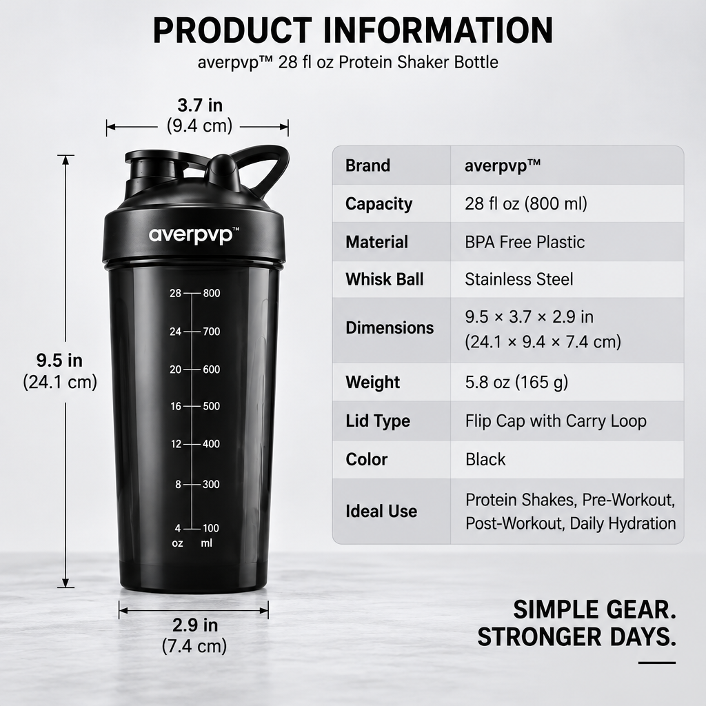 averpvp™ 28 fl oz Protein Shaker Bottle, Workout Mixing Cup with Stainless Steel Whisk Ball & Carry Loop