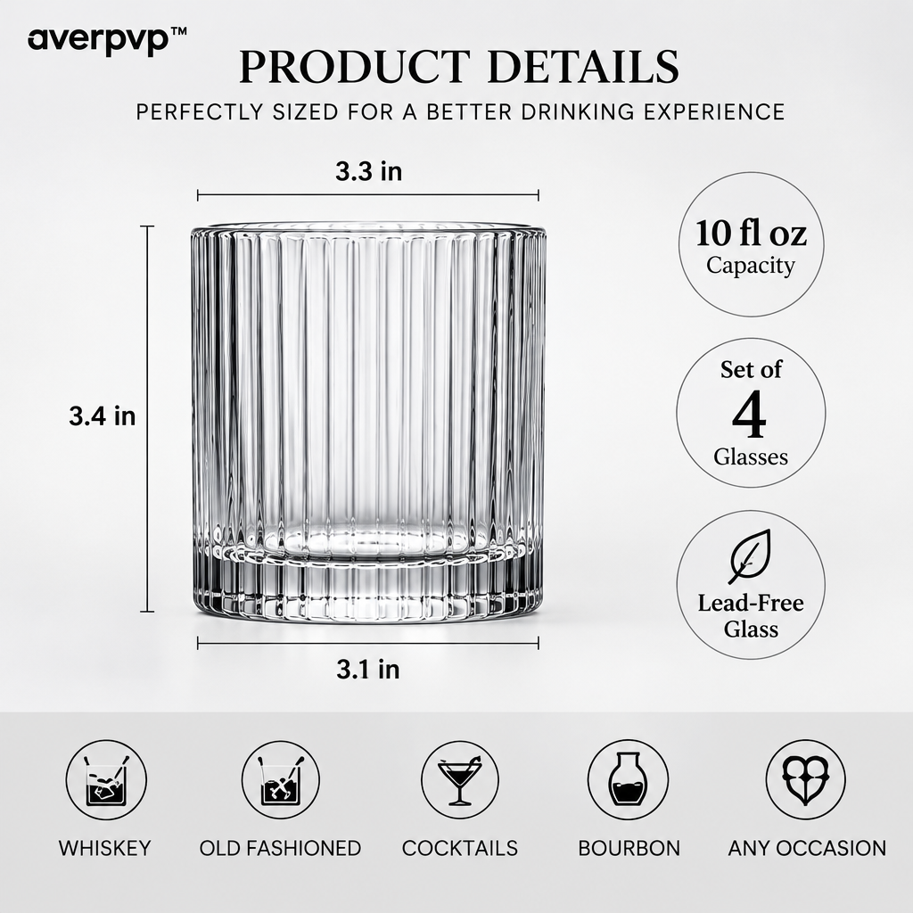 averpvp™ 10 fl oz Ribbed Rocks Glasses, Old Fashioned Whiskey Tumblers & Lowball Drinking Glasses, Set of 4